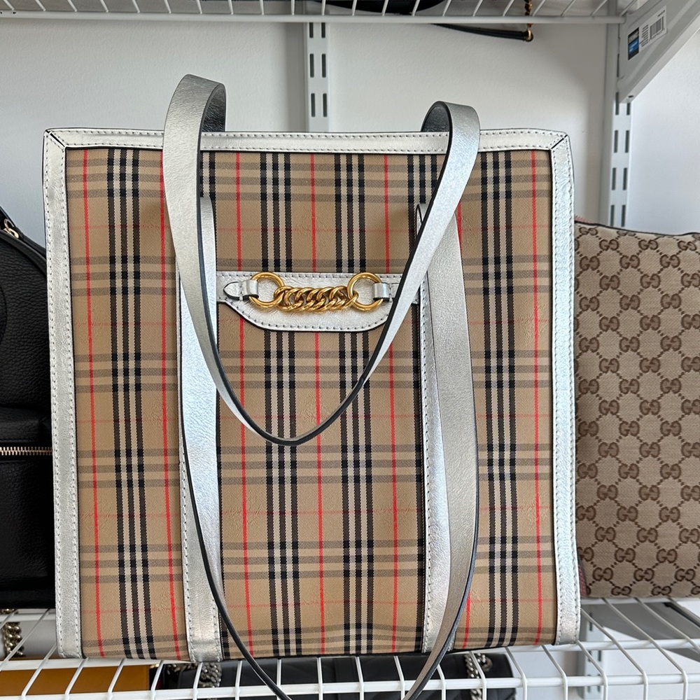 Authentic Burberry Checkered Tote Bag with Silver Accents